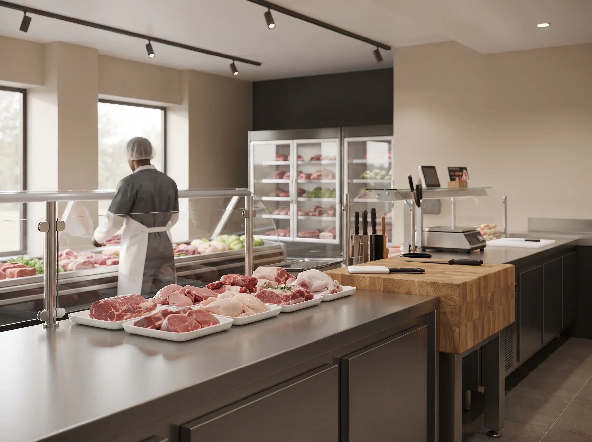 A butchery workspace: a butcher in a hairnet and apron at a glass service counter, trays of cut meat on a steel bench, an end-grain chopping block, knives, a scale and glass-door chillers.