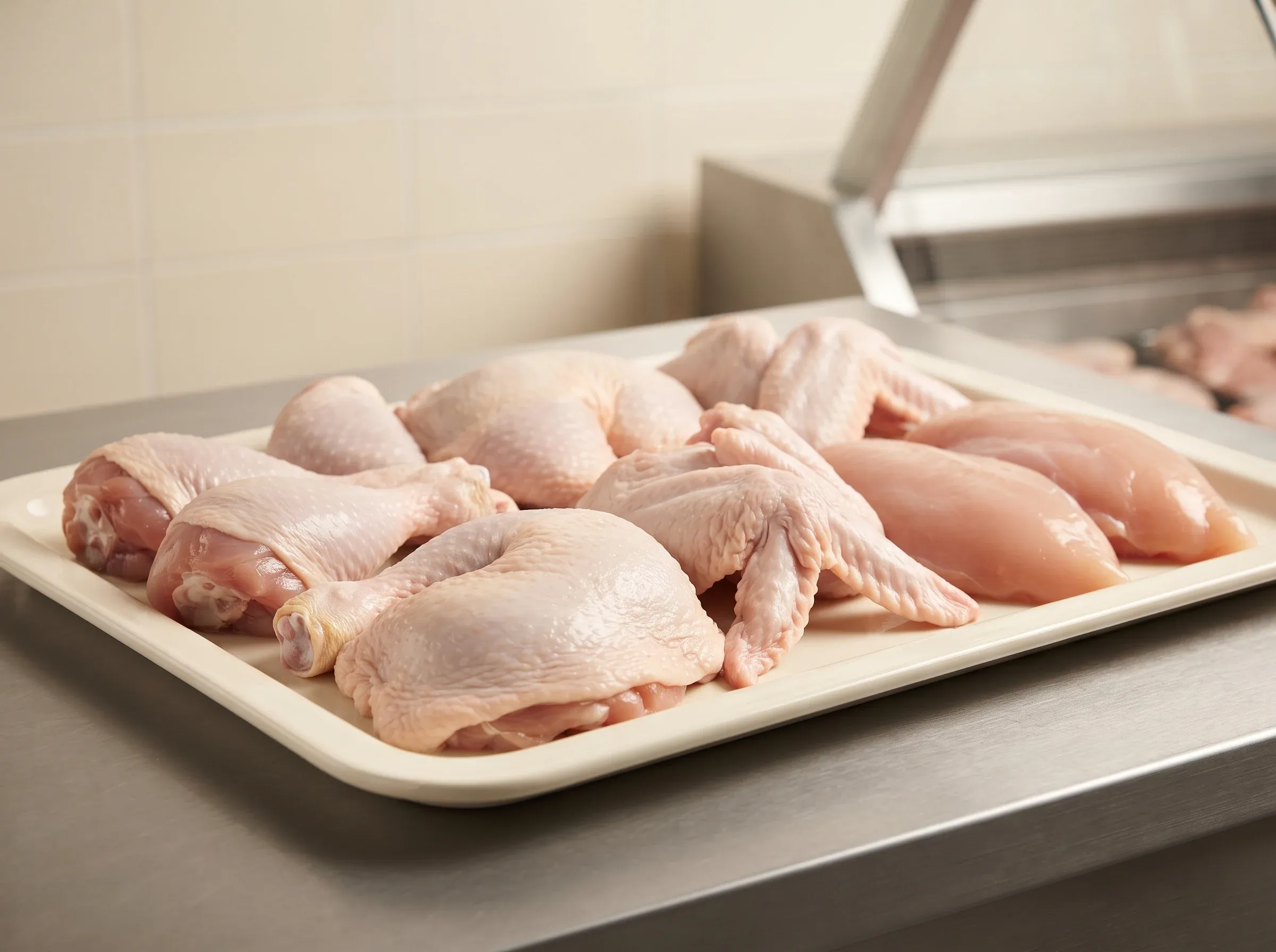 Raw chicken drumsticks, thighs, wings and breast fillets on a cream tray on a stainless counter.