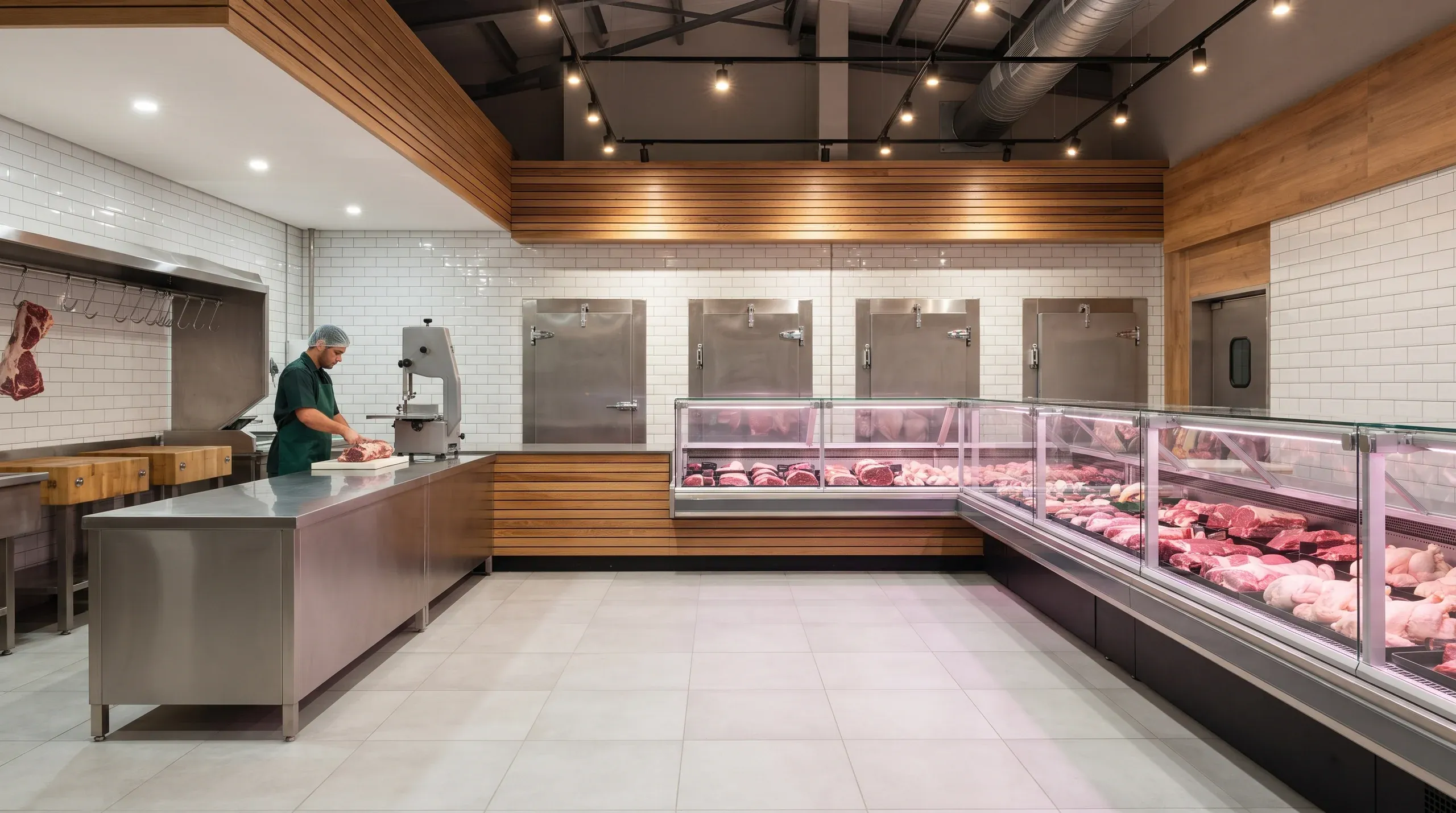 A bright meat market interior with white tiles and timber slats: a butcher in a hairnet at a band saw, stainless cold-room doors and a chilled display counter.