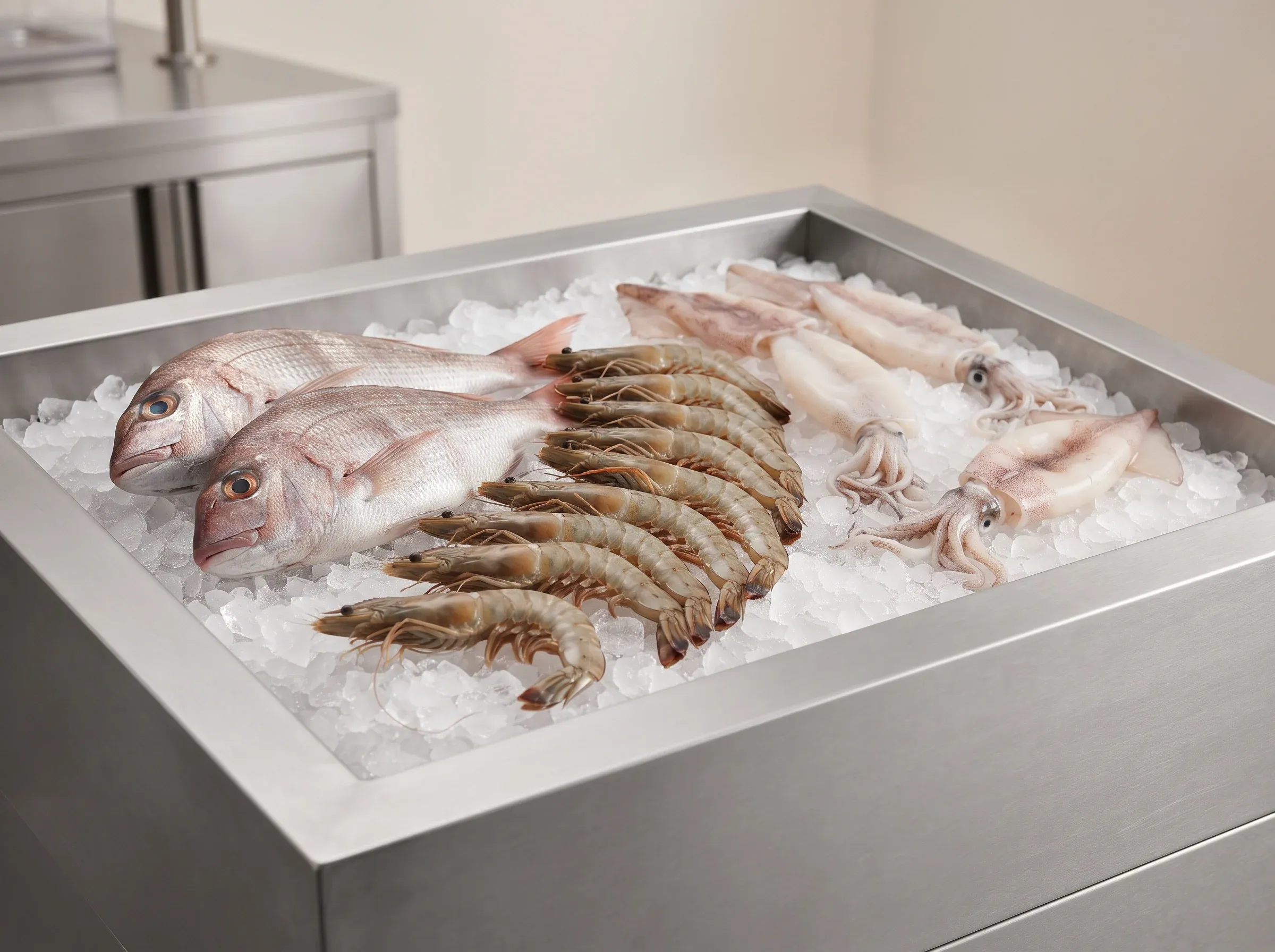 Whole fish, prawns and squid laid on crushed ice in a stainless display well.