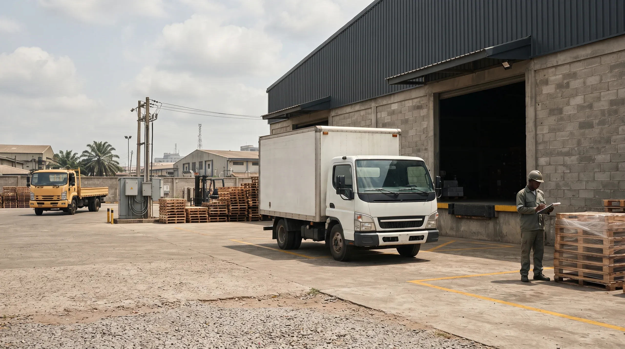 A white box truck at a warehouse loading bay, with stacked pallets, a forklift and a yellow flatbed truck in the yard behind.