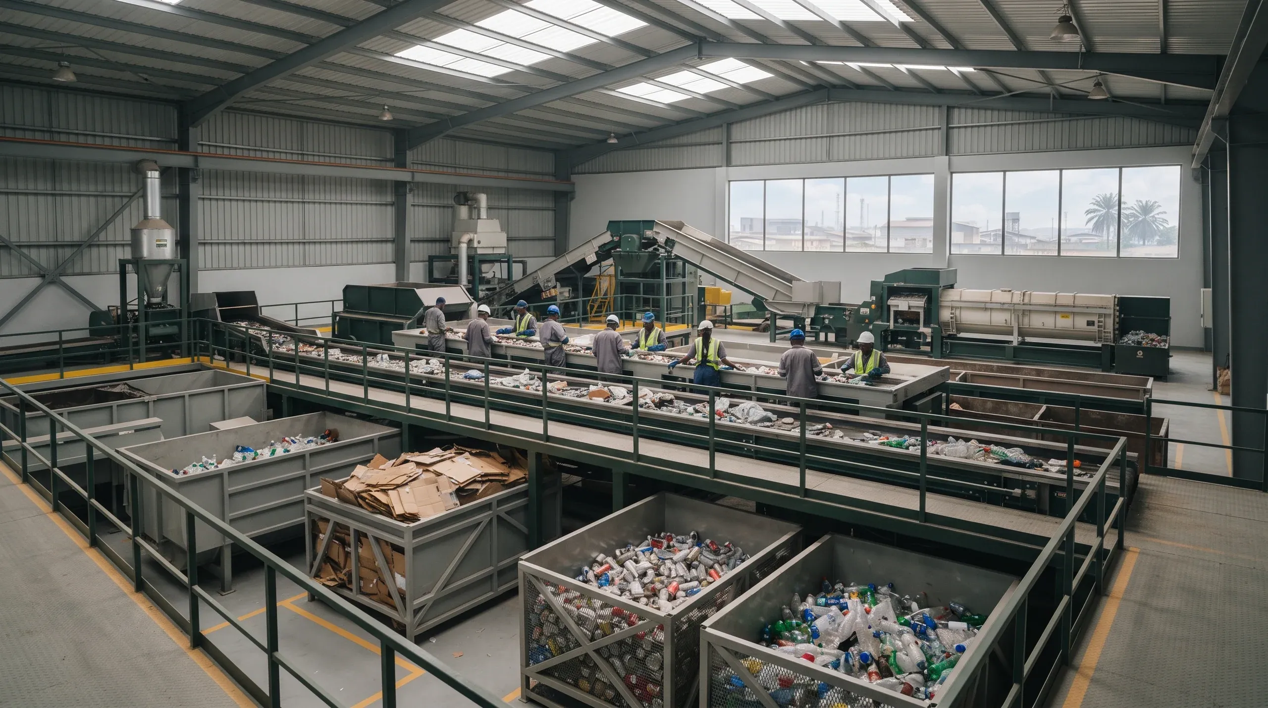 Concept image of a recycling hall: sorting lines with workers in hard hats and hi-vis vests, conveyors and bins of sorted plastics.