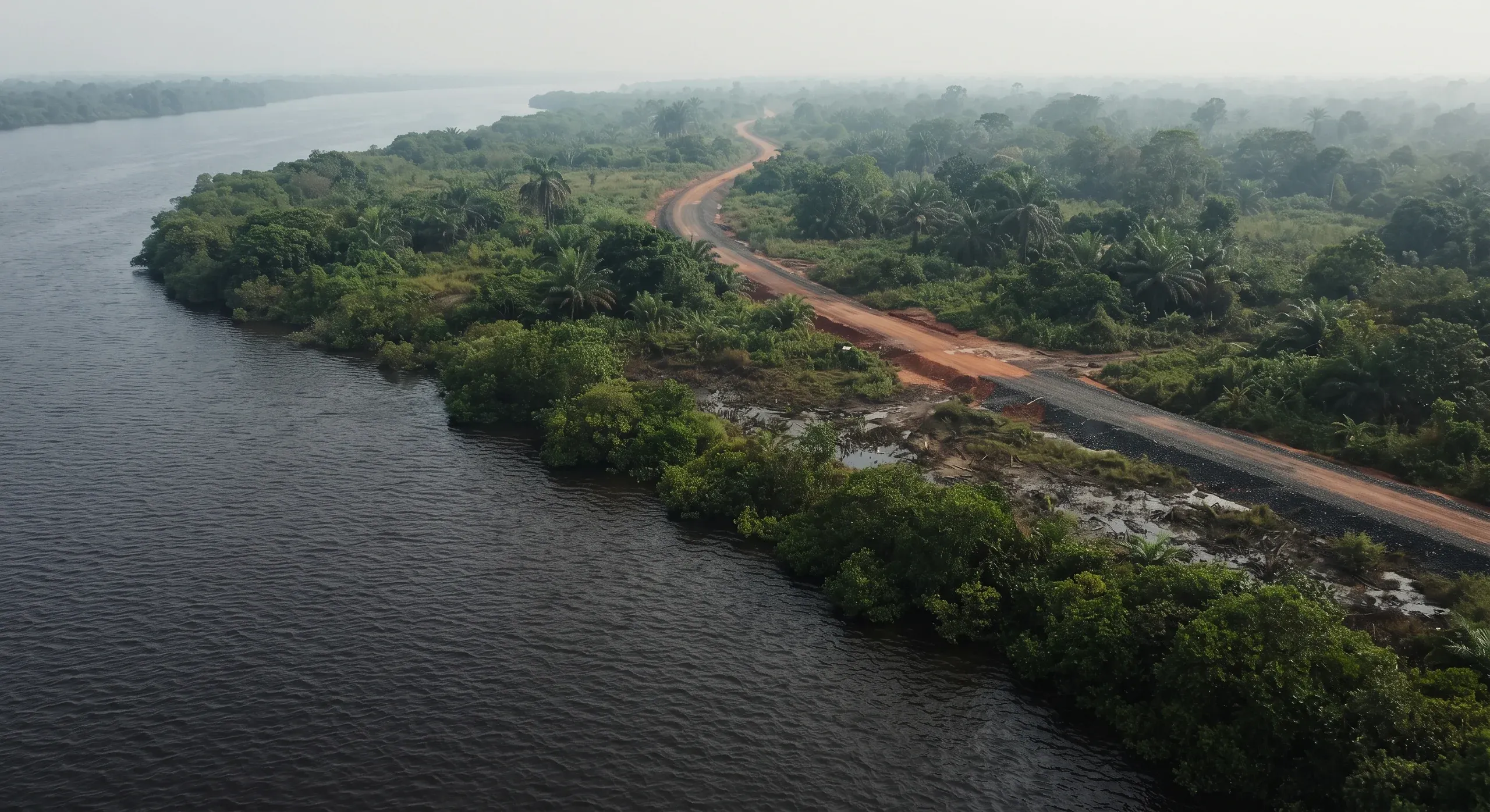 Aerial view of a red laterite road running beside a forested riverbank, dark water to the left.